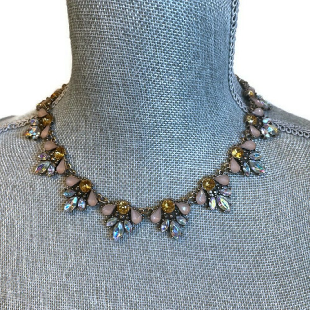 Women's Floral Look Statement Necklace in Pink, Clear, & Gold Stones
